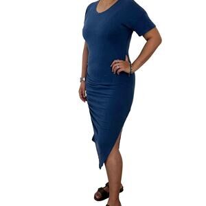 Sundry Ruched Midi Dress Blue Asymmetrical Slit Cotton Stretch Size 2 (M / 8–10)